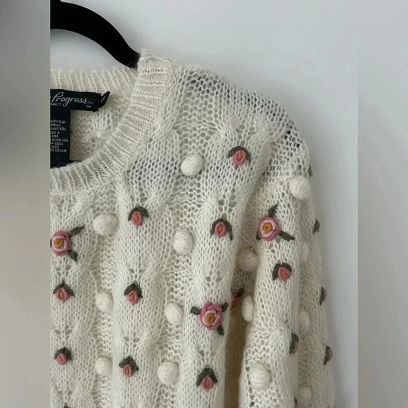 Vintage Gladys Bagley Floral Pom Pom Cottagecore 3D Knit Grandma Sweater - Picture 6 of 10